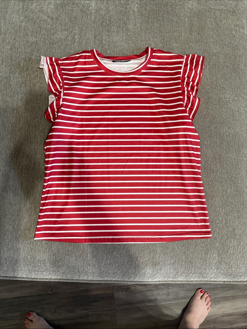SHEIN Red & White Striped Flutter Sleeve Tee